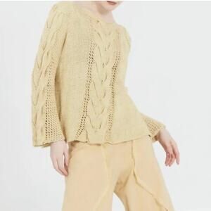 MATTHILDUR Sunn Cable Knitted Pima Cotton Cable Long Sleeve Sweater Corn, Small